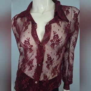 Petro Zillian Sexy Dark Red Lace Button Down Blouse Size S